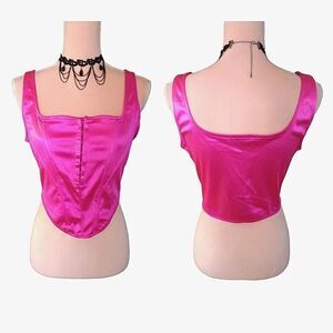 Y2K VTG Shiny Hot Pink Satin Front Hook Bustier Corset Crop Top XL